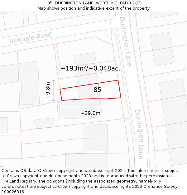 85, DURRINGTON LANE, WORTHING, BN13 2QT: Plot and title map