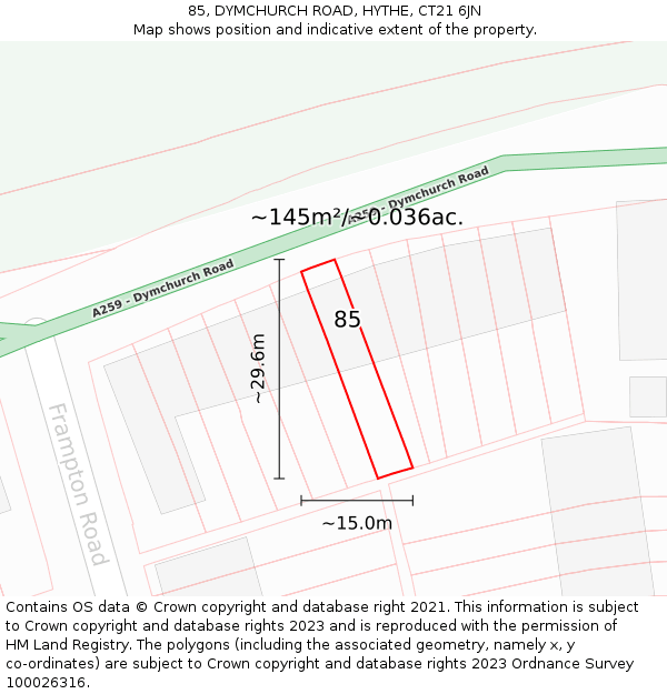 85, DYMCHURCH ROAD, HYTHE, CT21 6JN: Plot and title map