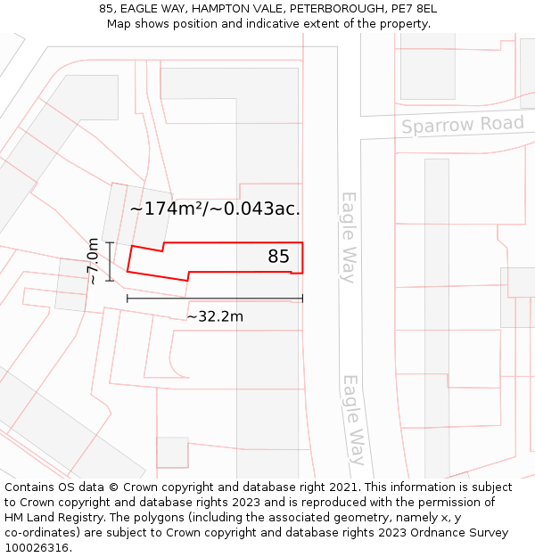85, EAGLE WAY, HAMPTON VALE, PETERBOROUGH, PE7 8EL: Plot and title map