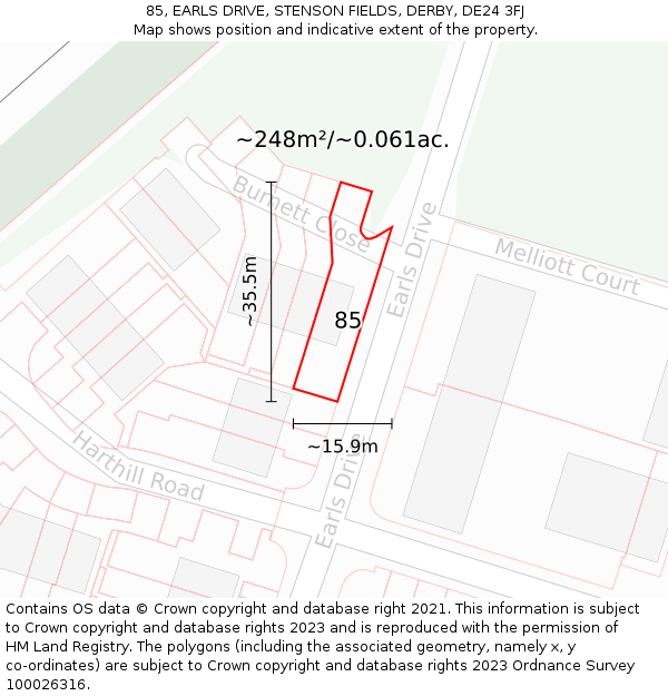 85, EARLS DRIVE, STENSON FIELDS, DERBY, DE24 3FJ: Plot and title map