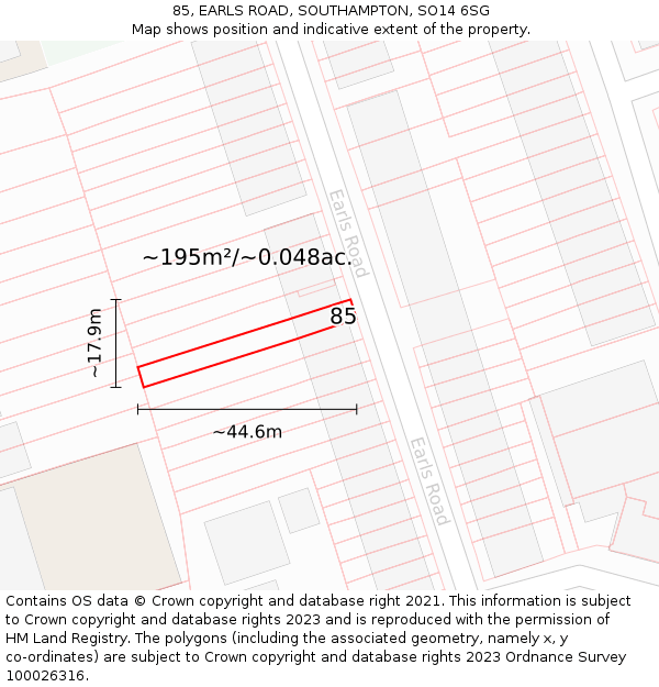 85, EARLS ROAD, SOUTHAMPTON, SO14 6SG: Plot and title map