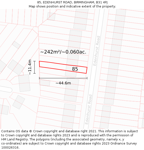 85, EDENHURST ROAD, BIRMINGHAM, B31 4PJ: Plot and title map