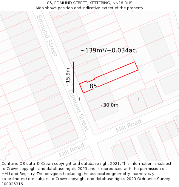85, EDMUND STREET, KETTERING, NN16 0HS: Plot and title map
