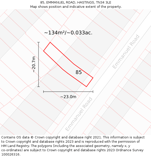 85, EMMANUEL ROAD, HASTINGS, TN34 3LE: Plot and title map