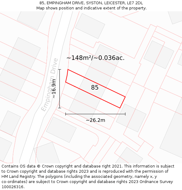 85, EMPINGHAM DRIVE, SYSTON, LEICESTER, LE7 2DL: Plot and title map