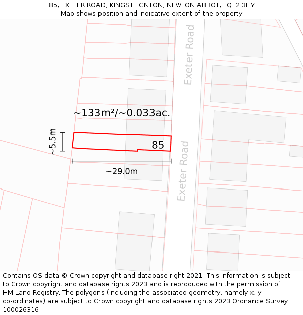 85, EXETER ROAD, KINGSTEIGNTON, NEWTON ABBOT, TQ12 3HY: Plot and title map