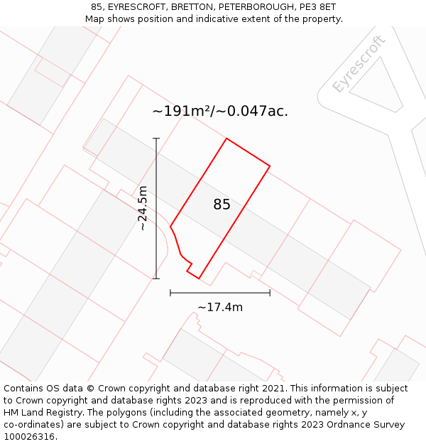 85, EYRESCROFT, BRETTON, PETERBOROUGH, PE3 8ET: Plot and title map