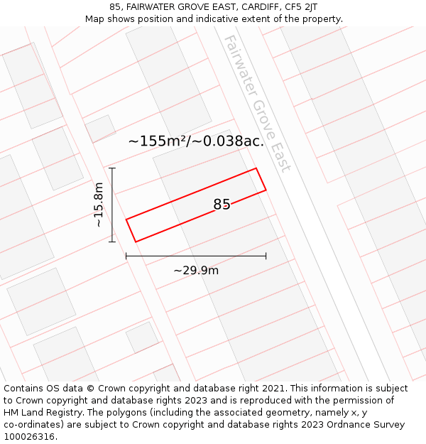 85, FAIRWATER GROVE EAST, CARDIFF, CF5 2JT: Plot and title map