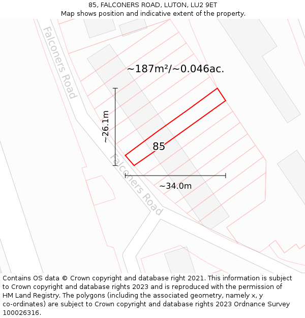 85, FALCONERS ROAD, LUTON, LU2 9ET: Plot and title map