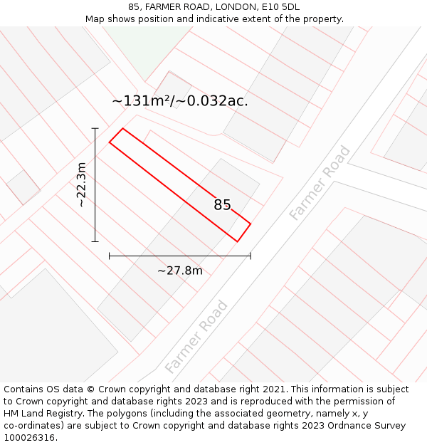 85, FARMER ROAD, LONDON, E10 5DL: Plot and title map