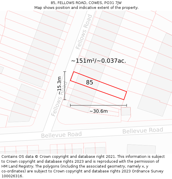 85, FELLOWS ROAD, COWES, PO31 7JW: Plot and title map