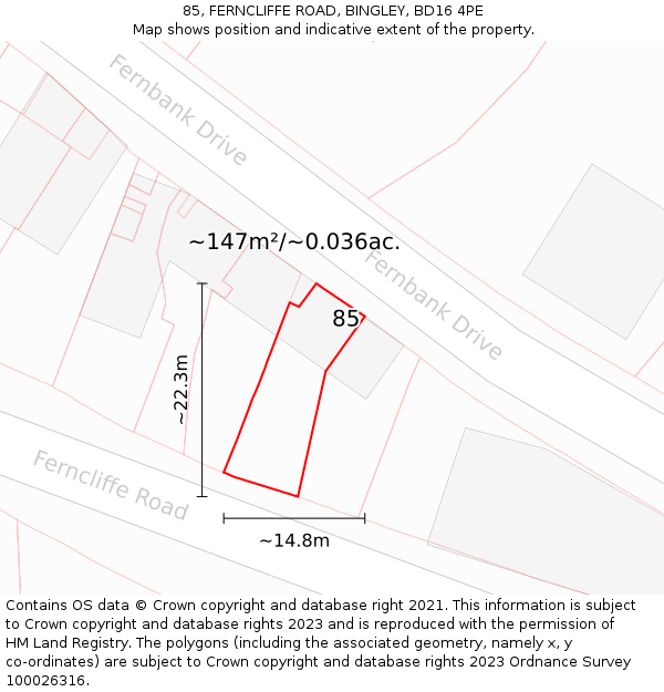 85, FERNCLIFFE ROAD, BINGLEY, BD16 4PE: Plot and title map