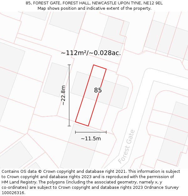 85, FOREST GATE, FOREST HALL, NEWCASTLE UPON TYNE, NE12 9EL: Plot and title map