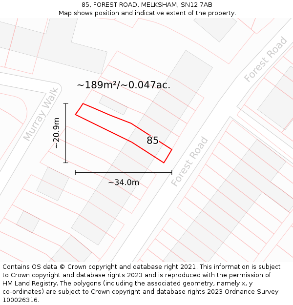 85, FOREST ROAD, MELKSHAM, SN12 7AB: Plot and title map