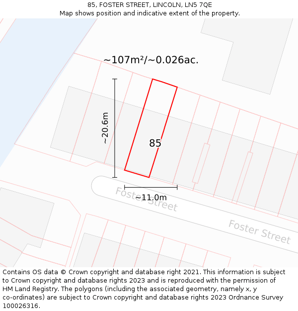 85, FOSTER STREET, LINCOLN, LN5 7QE: Plot and title map