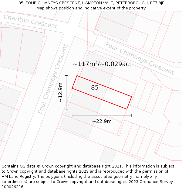 85, FOUR CHIMNEYS CRESCENT, HAMPTON VALE, PETERBOROUGH, PE7 8JF: Plot and title map