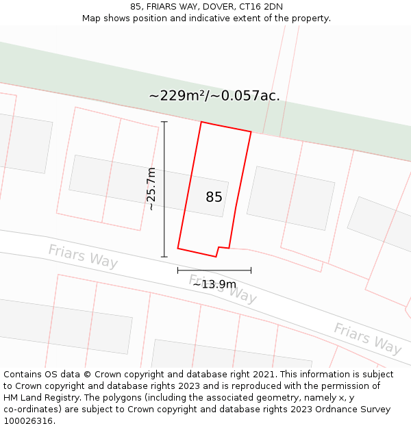 85, FRIARS WAY, DOVER, CT16 2DN: Plot and title map