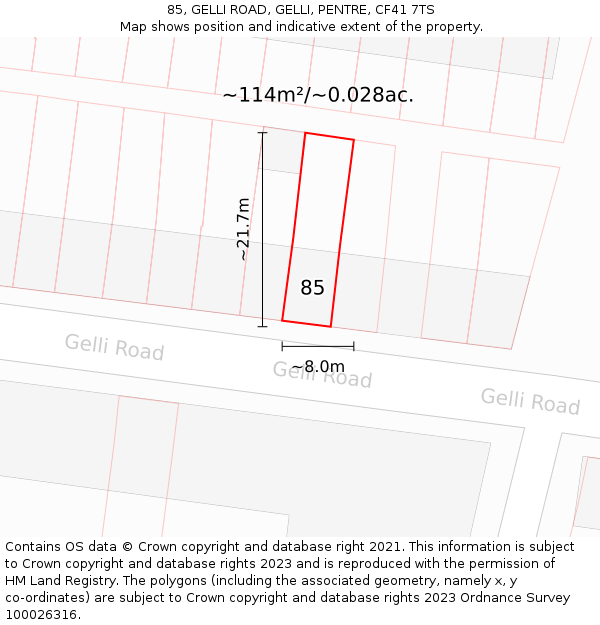 85, GELLI ROAD, GELLI, PENTRE, CF41 7TS: Plot and title map