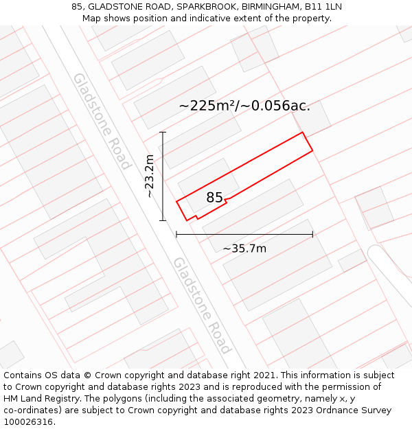 85, GLADSTONE ROAD, SPARKBROOK, BIRMINGHAM, B11 1LN: Plot and title map