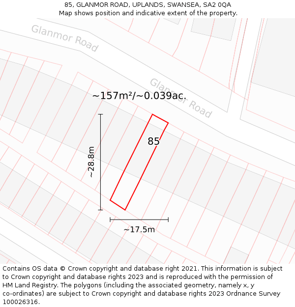 85, GLANMOR ROAD, UPLANDS, SWANSEA, SA2 0QA: Plot and title map