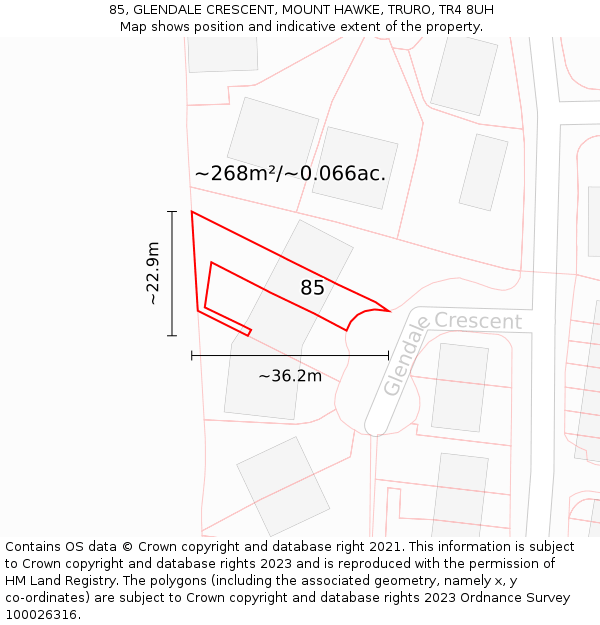 85, GLENDALE CRESCENT, MOUNT HAWKE, TRURO, TR4 8UH: Plot and title map