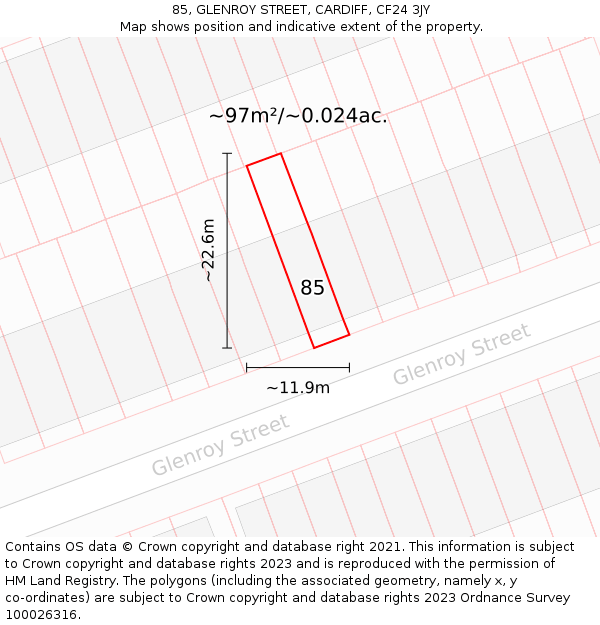 85, GLENROY STREET, CARDIFF, CF24 3JY: Plot and title map