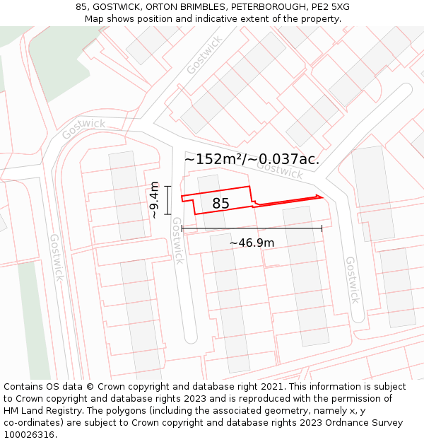 85, GOSTWICK, ORTON BRIMBLES, PETERBOROUGH, PE2 5XG: Plot and title map