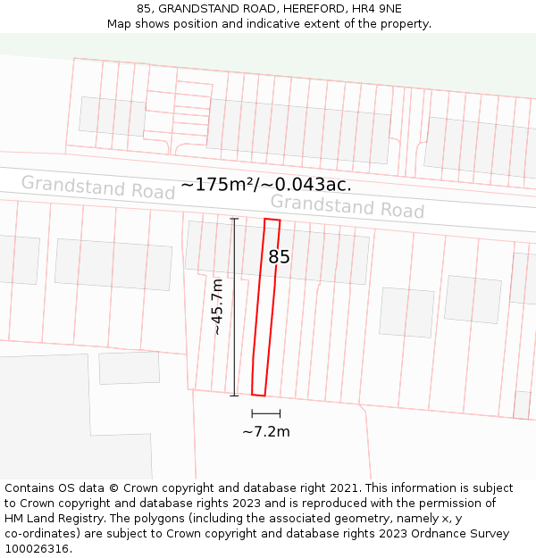 85, GRANDSTAND ROAD, HEREFORD, HR4 9NE: Plot and title map