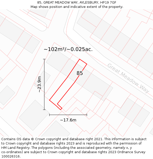 85, GREAT MEADOW WAY, AYLESBURY, HP19 7GF: Plot and title map