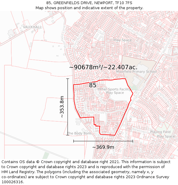 85, GREENFIELDS DRIVE, NEWPORT, TF10 7FS: Plot and title map