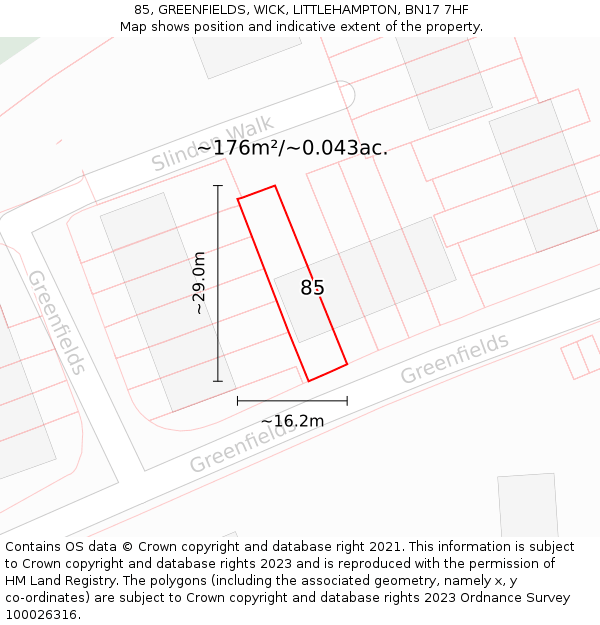 85, GREENFIELDS, WICK, LITTLEHAMPTON, BN17 7HF: Plot and title map