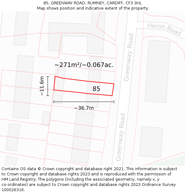 85, GREENWAY ROAD, RUMNEY, CARDIFF, CF3 3HL: Plot and title map