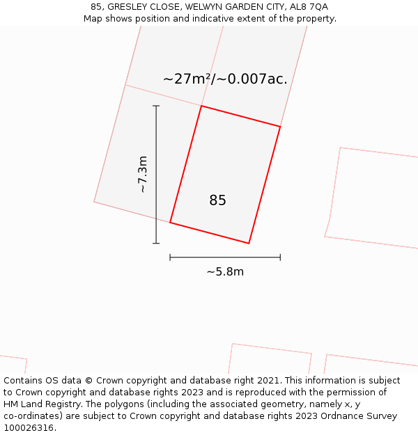 85, GRESLEY CLOSE, WELWYN GARDEN CITY, AL8 7QA: Plot and title map