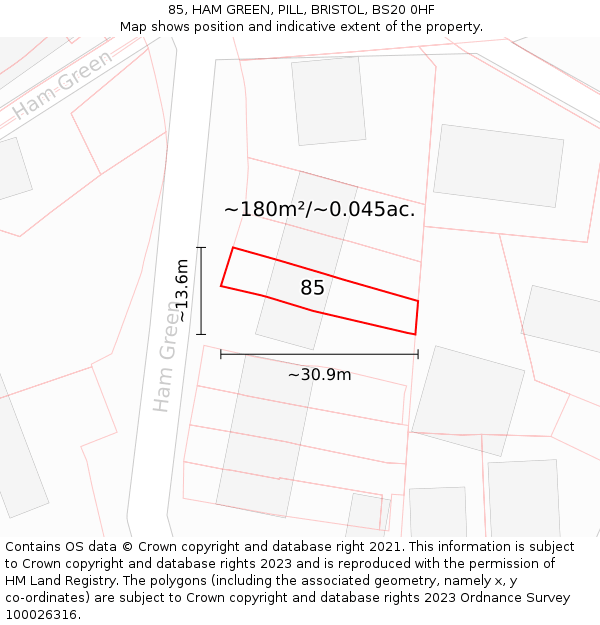 85, HAM GREEN, PILL, BRISTOL, BS20 0HF: Plot and title map