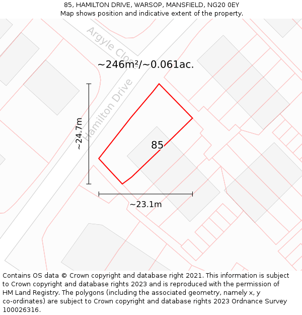 85, HAMILTON DRIVE, WARSOP, MANSFIELD, NG20 0EY: Plot and title map