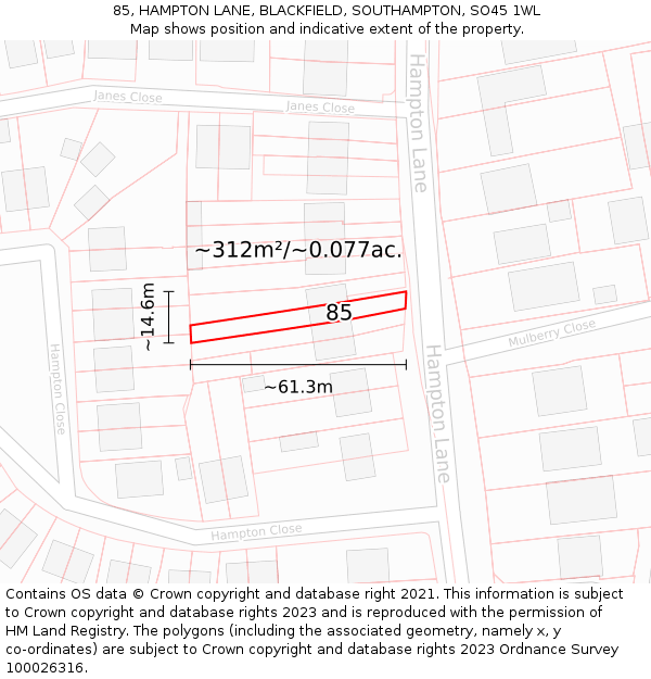 85, HAMPTON LANE, BLACKFIELD, SOUTHAMPTON, SO45 1WL: Plot and title map