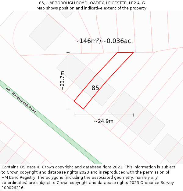 85, HARBOROUGH ROAD, OADBY, LEICESTER, LE2 4LG: Plot and title map