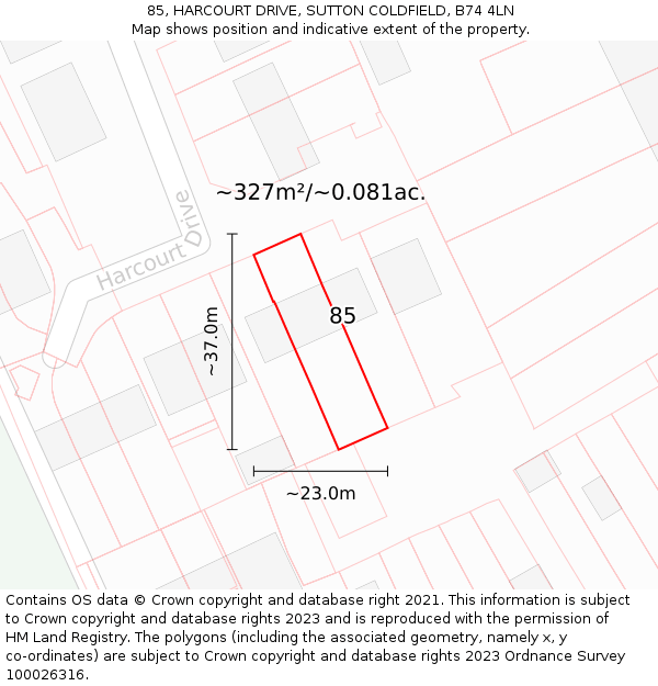 85, HARCOURT DRIVE, SUTTON COLDFIELD, B74 4LN: Plot and title map