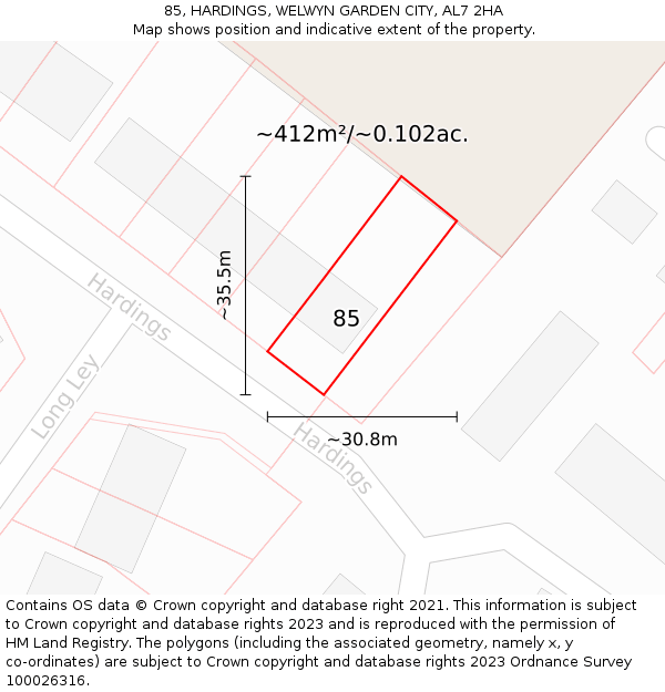85, HARDINGS, WELWYN GARDEN CITY, AL7 2HA: Plot and title map