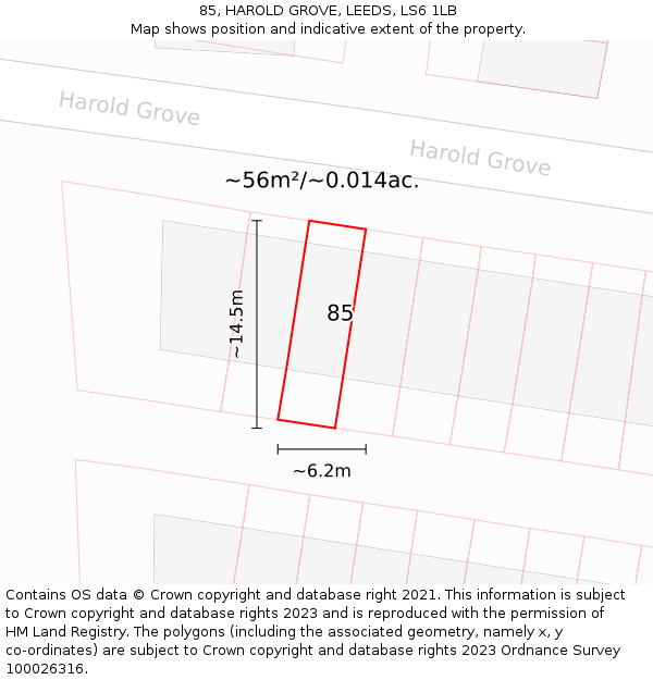 85, HAROLD GROVE, LEEDS, LS6 1LB: Plot and title map