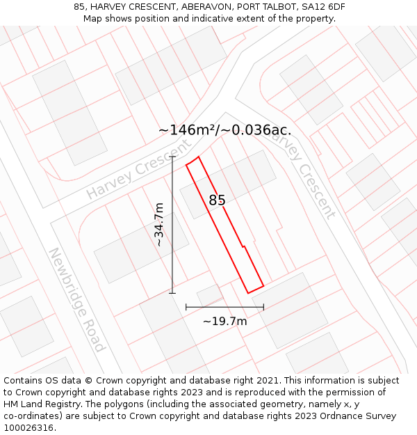 85, HARVEY CRESCENT, ABERAVON, PORT TALBOT, SA12 6DF: Plot and title map