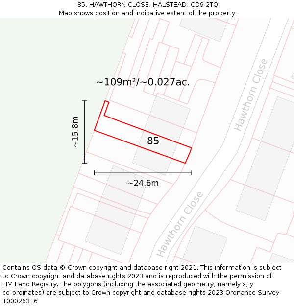 85, HAWTHORN CLOSE, HALSTEAD, CO9 2TQ: Plot and title map