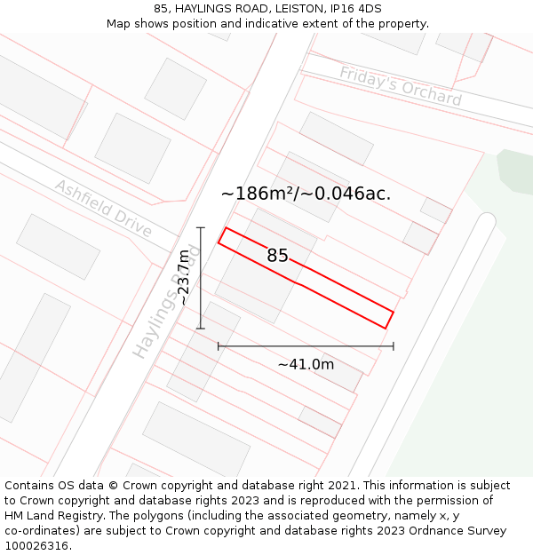 85, HAYLINGS ROAD, LEISTON, IP16 4DS: Plot and title map