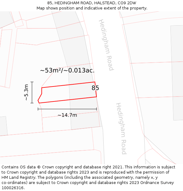 85, HEDINGHAM ROAD, HALSTEAD, CO9 2DW: Plot and title map