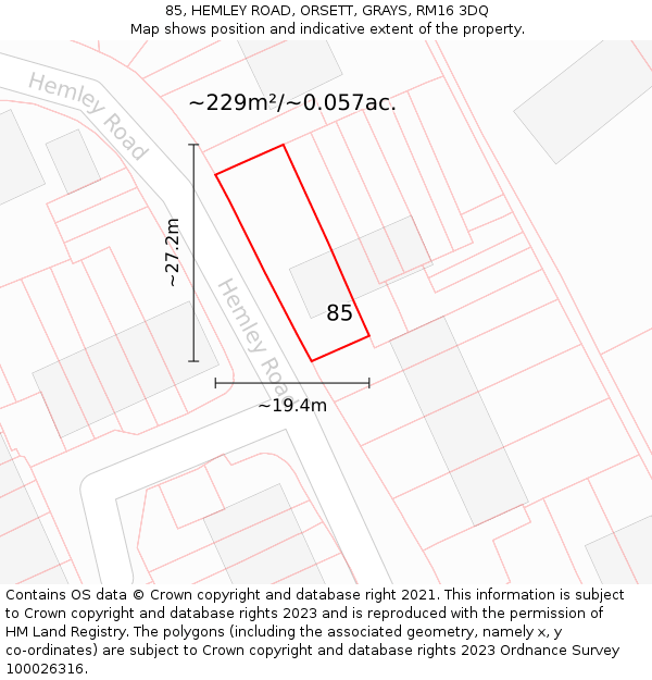 85, HEMLEY ROAD, ORSETT, GRAYS, RM16 3DQ: Plot and title map