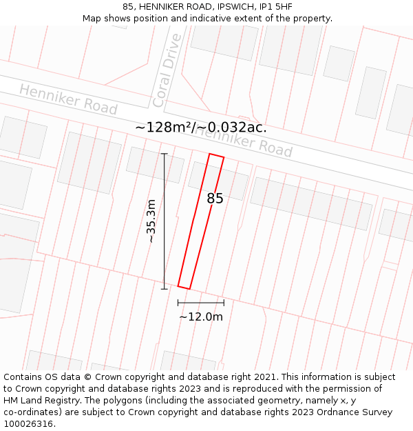 85, HENNIKER ROAD, IPSWICH, IP1 5HF: Plot and title map