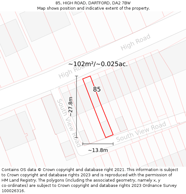 85, HIGH ROAD, DARTFORD, DA2 7BW: Plot and title map