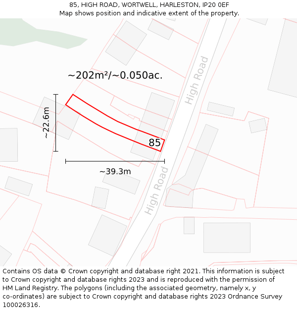 85, HIGH ROAD, WORTWELL, HARLESTON, IP20 0EF: Plot and title map