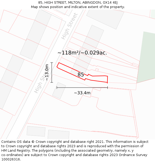 85, HIGH STREET, MILTON, ABINGDON, OX14 4EJ: Plot and title map