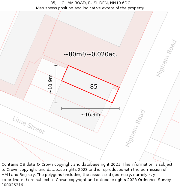 85, HIGHAM ROAD, RUSHDEN, NN10 6DG: Plot and title map